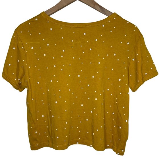 MESSY BUN JUST CHILLIN | Juniors Yellow Cropped T-Shirt with Stars | Size L - Picture 4 of 10